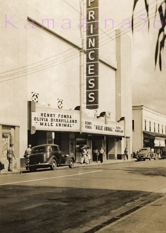 The 1942 romantic comedy "The Male Animal" starring Henry Fonda and Olivia DeHavilland on the marquee of downtown Honolulu's Princess Theater, 1942