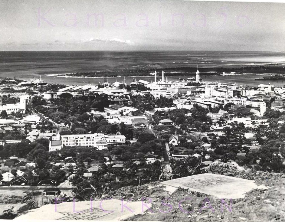 Downtown Honolulu and the harbor viewed from the Punchbowl Crater lookout at the start of the wartime era, 1941