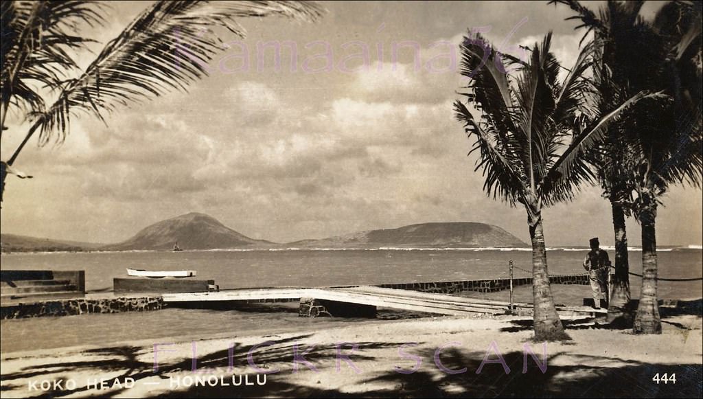 Koko Crater and Koko Head seen from Waialae Beach Park on Maunalua Bay on the south shore of Oahu, 1947