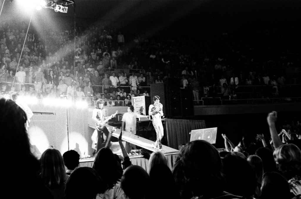 Bill Wyman and Mick Jagger of The Rolling Stones performs on stage on their Pacific Tour 1973 at the Honolulu International Center Hawaii, United States, January 1973.