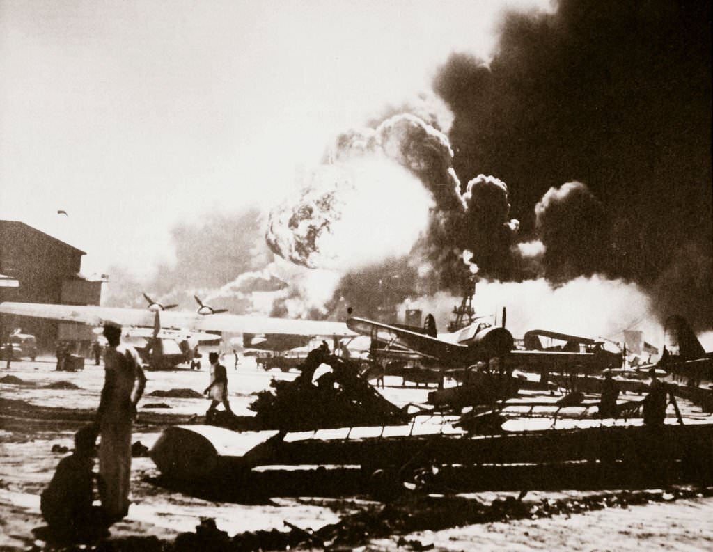 The wreckage-strewn Naval Air Station, Pearl Harbour, Hawaii, USA, 7 December 1941.