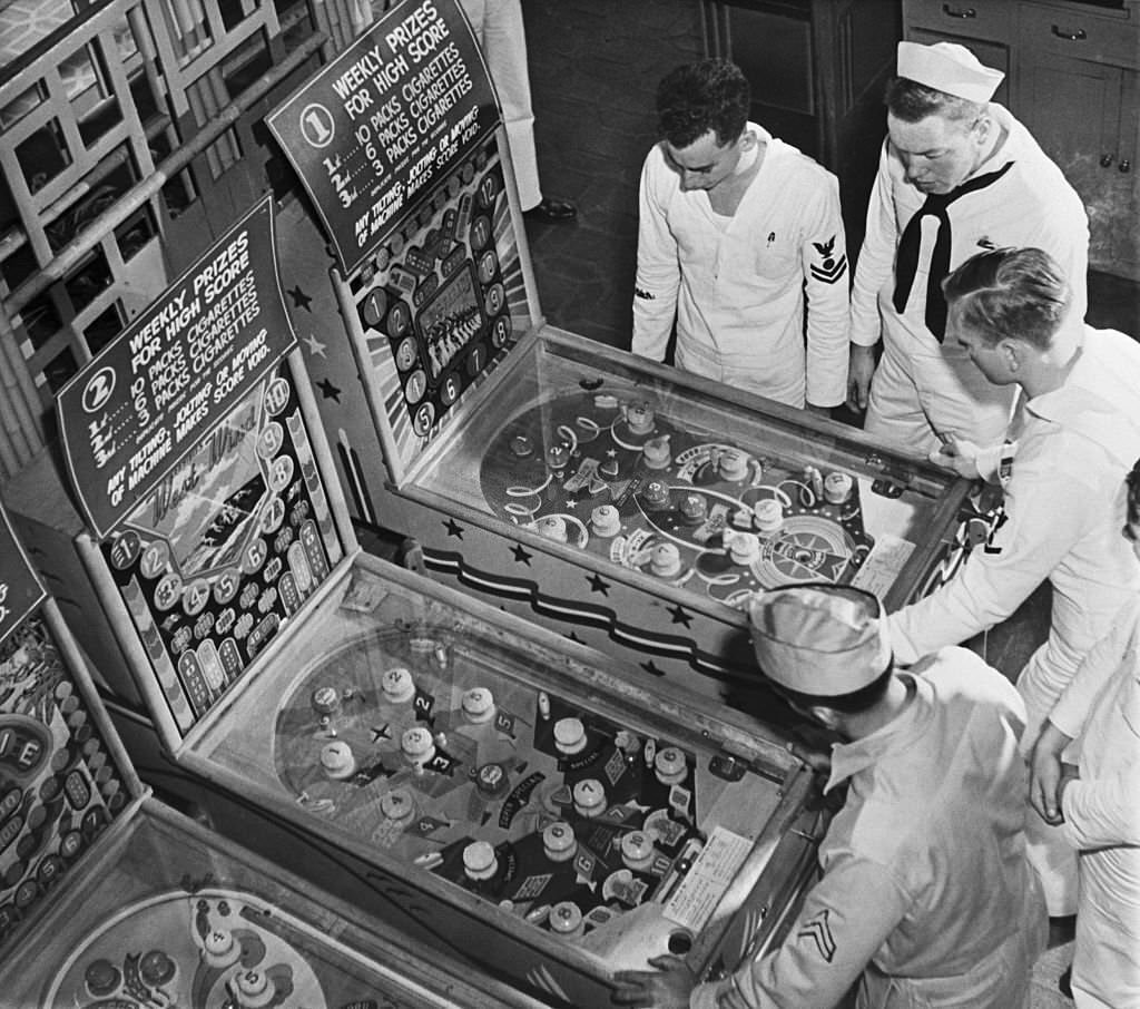 Sailors Playing Pinball in Honolulu, 1940s
