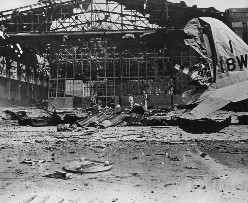 Hickam Field aircraft hangar at Pearl Harbour (Pearl Harbor), Hawaii, destroyed by Japanese bombs during World War II, 1942