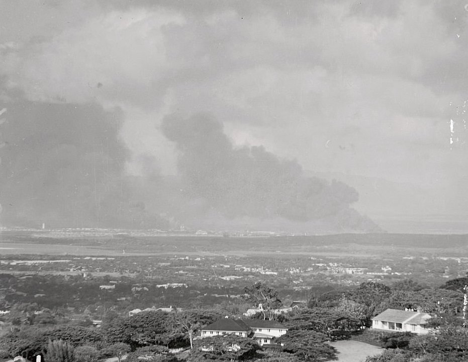 View of Smoking Area After Japanese Attack in Hawaii.