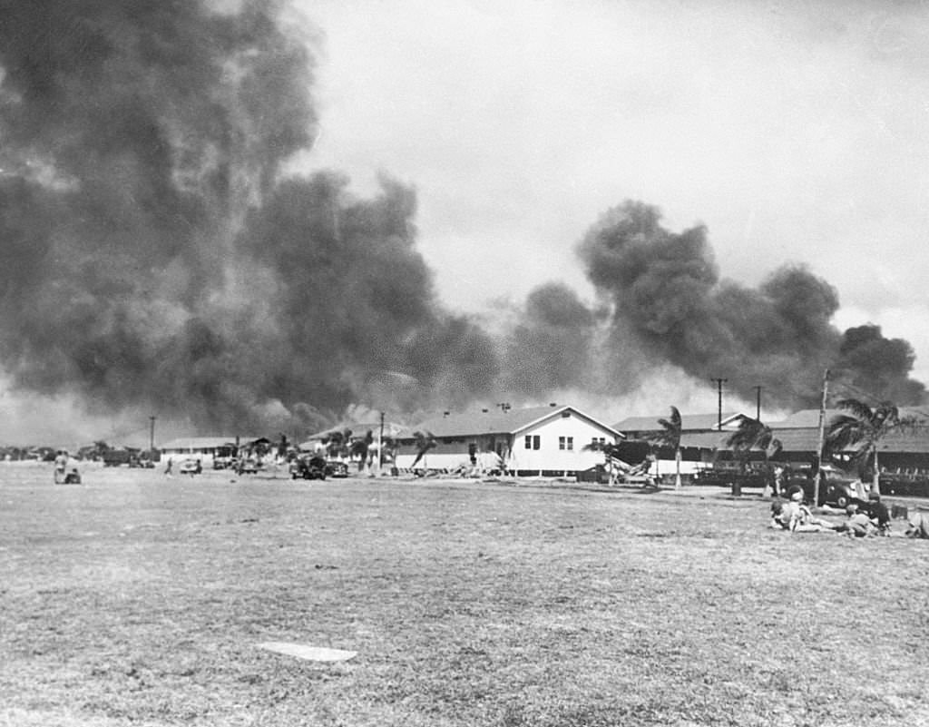 View of Burning Area on Hickam Field During Pearl Harbor Attack.