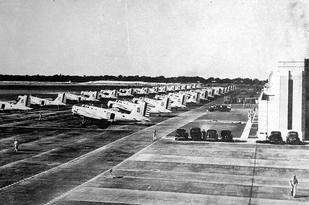 American air force planes lined up at Hickam field near Honolulu, World War II, 8th December 1941