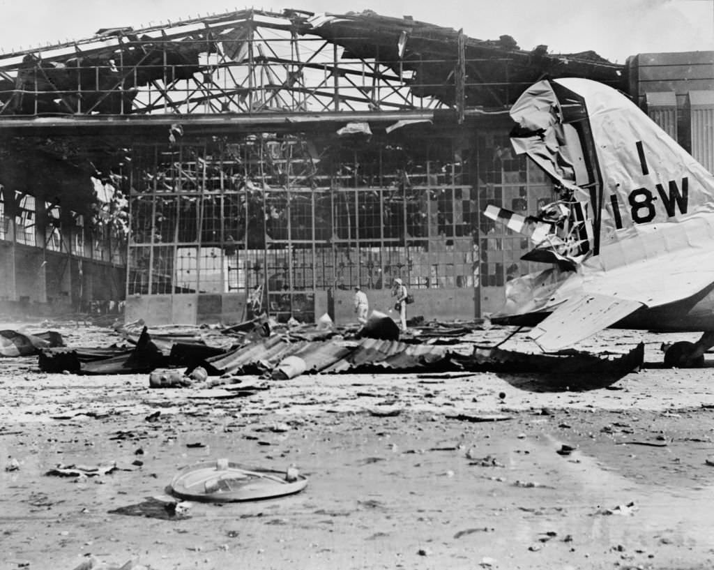 The damaged Hangar No 11 after the 7th December 1941 attack by the Imperial Japanese Navy Air Service on Hickam Field, Pearl Harbor, Hawaii.