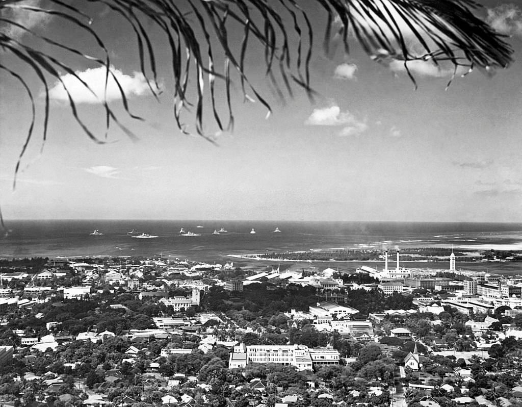 A view of Honolulu from Punch Bowl crater, showing a portion of the US Navy fleet in Honolulu, Pearl Harbor, Hawaii, December 29, 1940.
