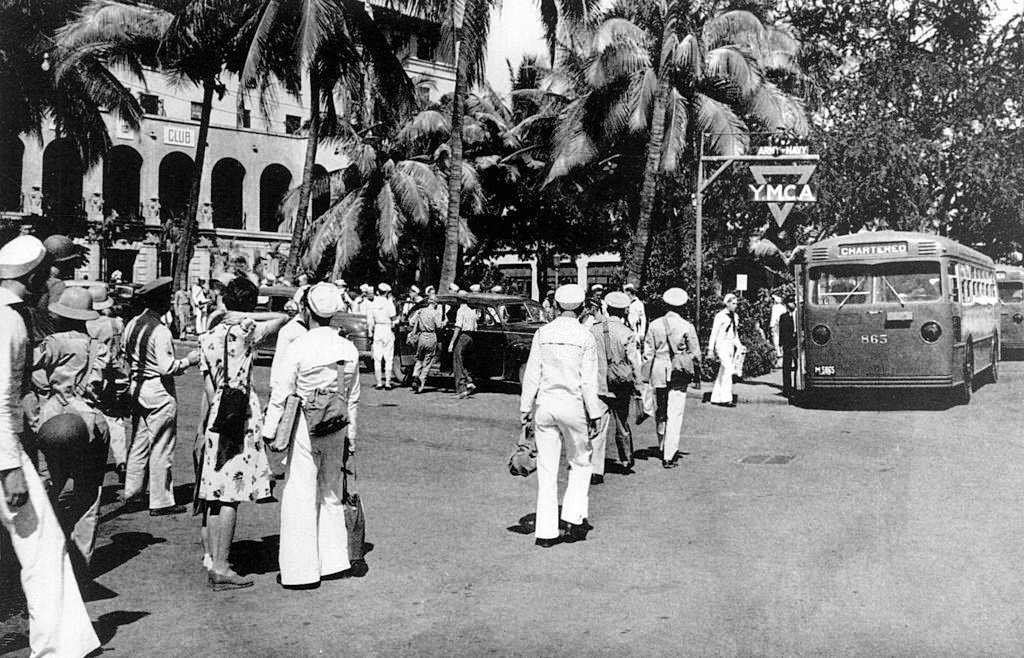 U.S. sailors and soldiers in Honolulu after militarization of almost all the activities of the island. Honolulu, January 1942