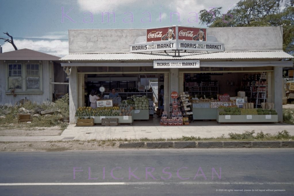 Morris Fruits & Vegetables Market at 2501 South Beretania Street in Honolulu’s Moiliili district, 1944.