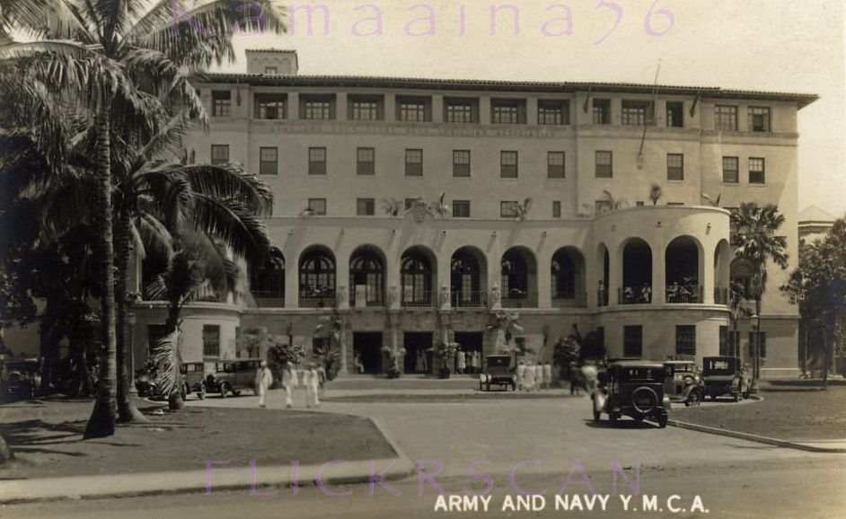 The Spanish Mission style Army and Navy YMCA on South Hotel Street in the capitol district of Honolulu, 1930s