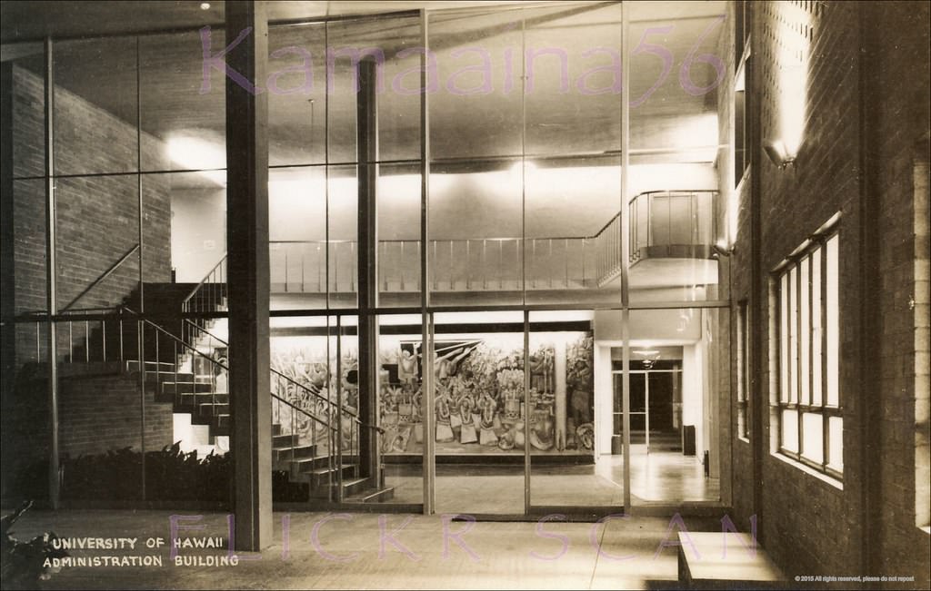 Noted painter Jean Charlot’s 1949 mural “Relation of Man and Nature in Old Hawaii” on the first floor of the University of Hawaii’s modernistic Administration Building, 1949.