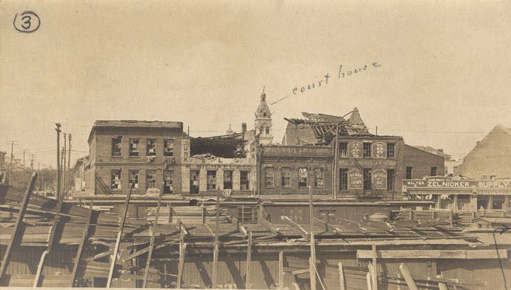 Damage from a hurricane in downtown Mobile, Alabama, just south of the L & N depot, 1902
