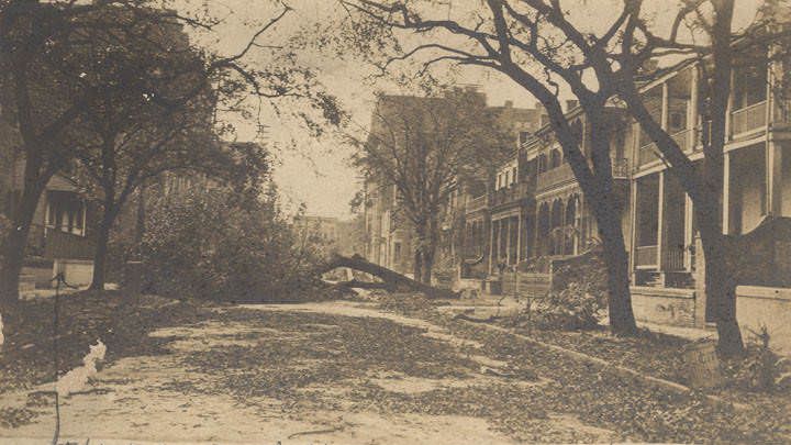 Damage from a hurricane on a residential street in Mobile, 1902