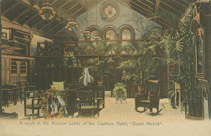 A nook in the Mission Lobby of the Cawthon Hotel, Mobile, Alabama, 1900s