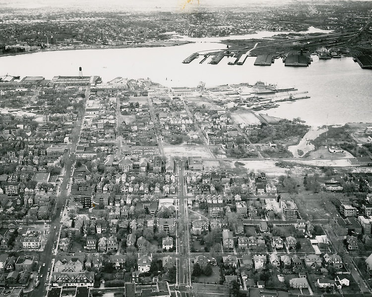 View looking South .Ghent in foreground.Portsmouth in background across river, Atlantic City, Norfolk, 1956