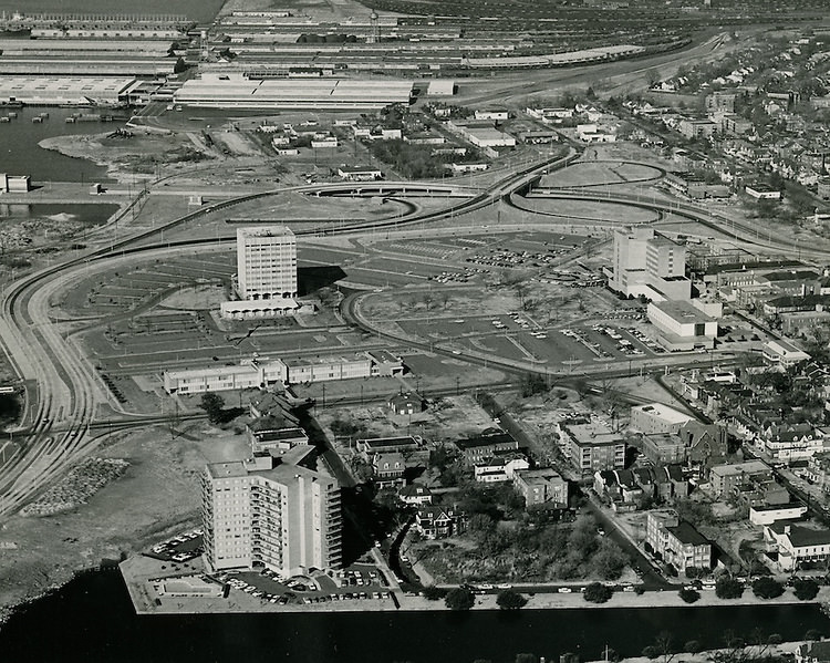EVMS Medical School campus, Lamberts Point Docks in background, Atlantic City, Norfolk, 1964