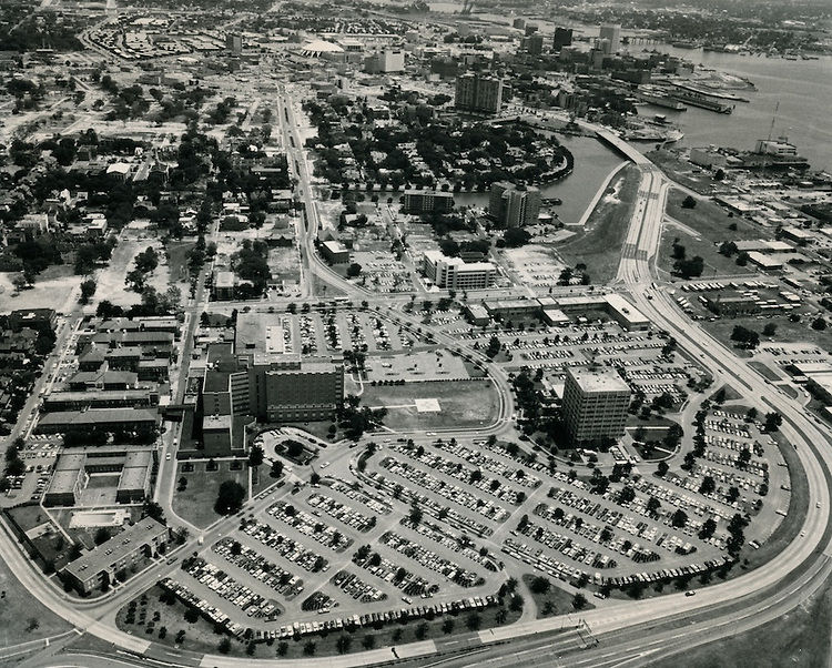Eastern Virginia Medical School EVMS campus.view looking Southeast. Norfolk General Hospital, 1960s