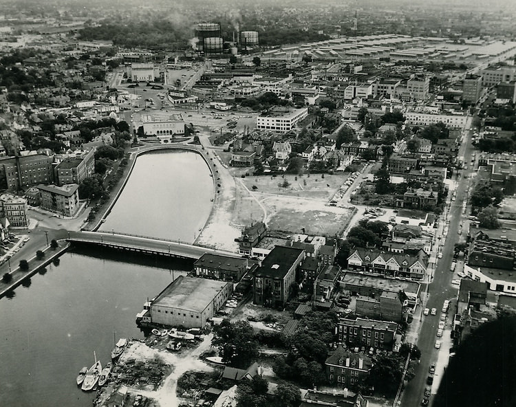 View looking East.Botetourt St bridge.Chrysler Museum.Young Terrace in distance, Atlantic City, Norfolk, 1950s