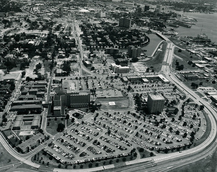 View looking East. EVMS Medial School campus. Downtown Norfolk in background, 1960s