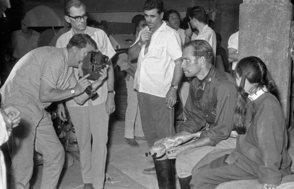 American actor Charlton Heston during the filming of the movie "55 Days in Peking" on August 27, 1962 in Madrid, Spain.