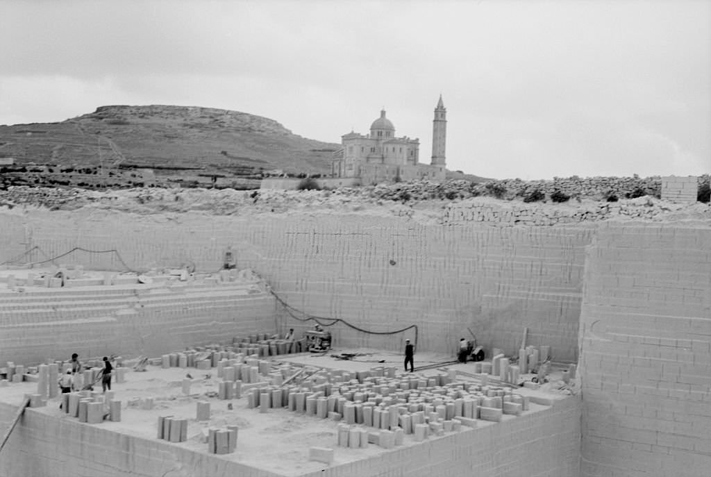 Workmen at work in a quarry somewhere in the Canary Islands, 1968