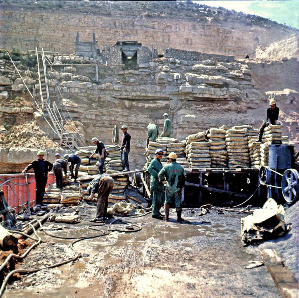 Construction of the Mequinenza Dam in Zaragoza Province, Spain, 1964