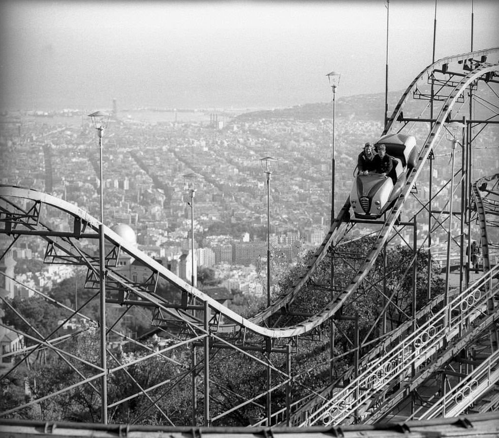 Rollercoaster in Tibidabo amusement park, Barcelona 1961