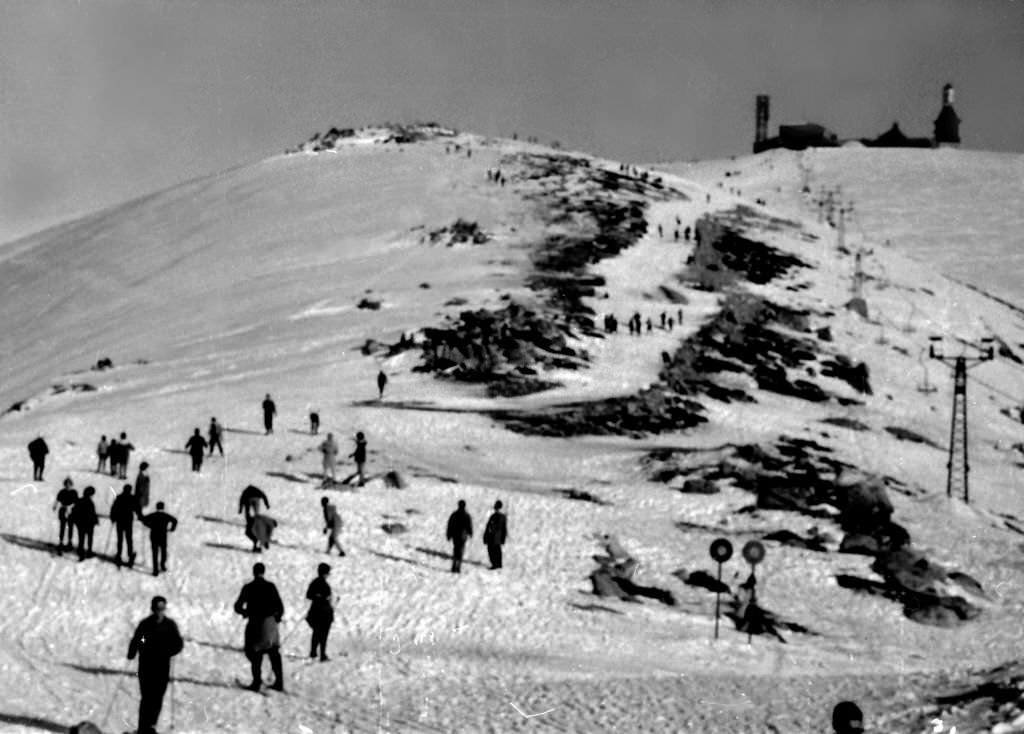 The Navacerrada ski resort is located 1200 m. altitude, on the southern slope of the Sierra de Guadarrama, Madrid, Spain, 1964.