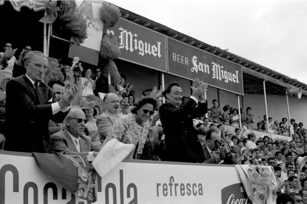 Celebration in the Figueres Bullring of a comic and surrealist bullfight organized by the painter Salvador Dali, alongside his wife Gala Dali, 1961