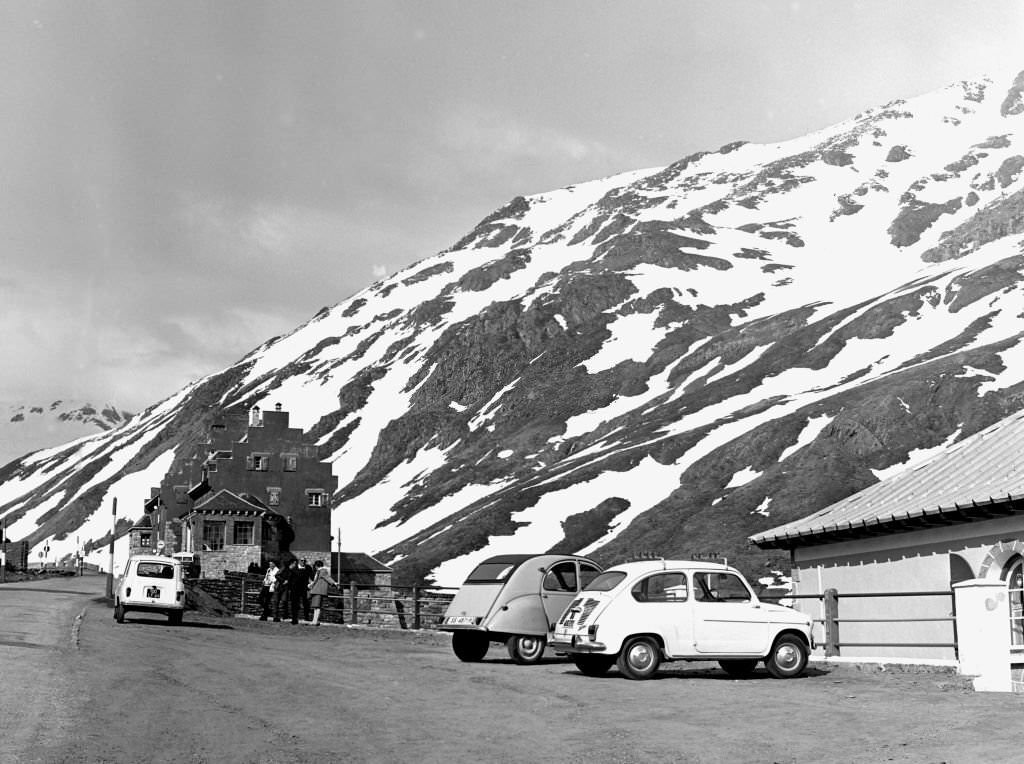 View of the ski resort of Candanchu, Pyrenees of Huesca, Aragon, Spain, 1962.