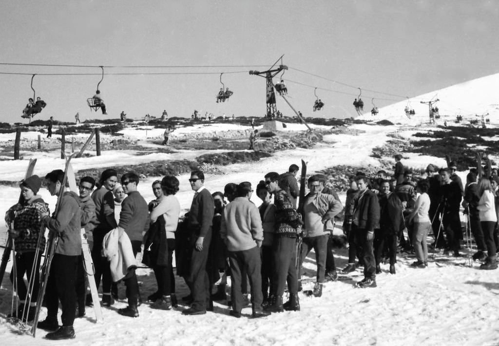 The Navacerrada ski resort is located 1200 m altitude, on the southern slope of the Sierra de Guadarrama, Madrid, Spain, 1964.