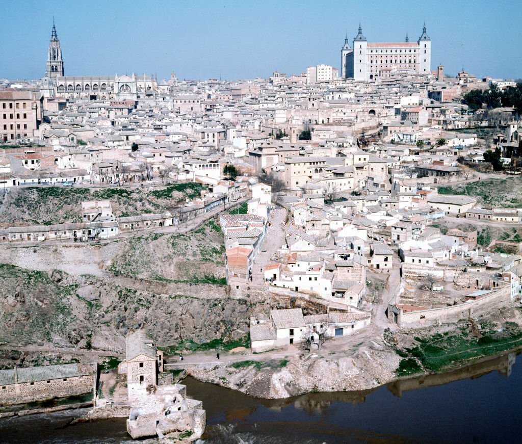 View of Toledo and the Tajo river, 1965, Castilla La Mancha, Spain.