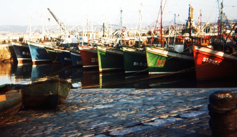 Fishermen boats bows at Tazones, Asturias, December 1970