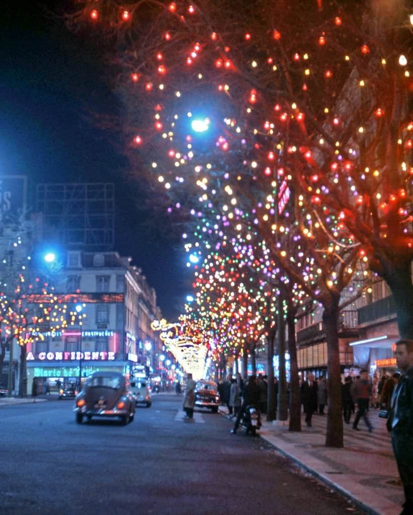 A Madrid street decorated with Christmas lights, in Madrid, Spain, 1960