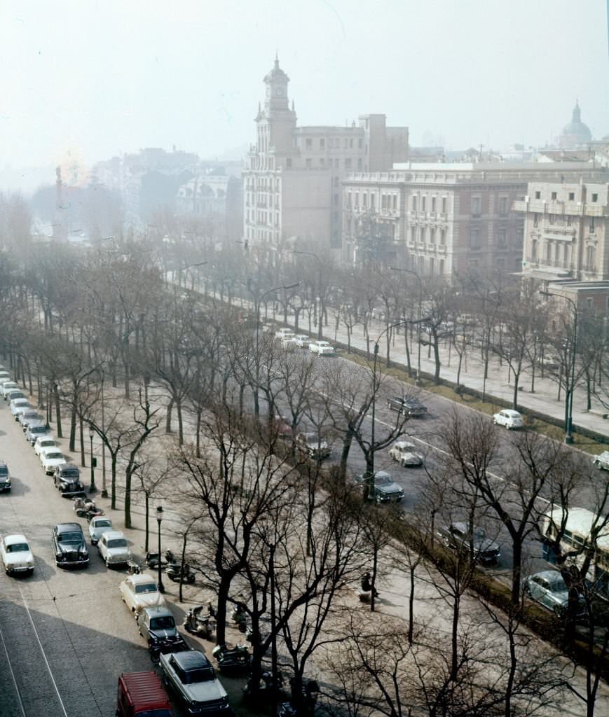 View (looking mostly south) along the Paseo de la Castellana, Madrid, Spain, 1960.