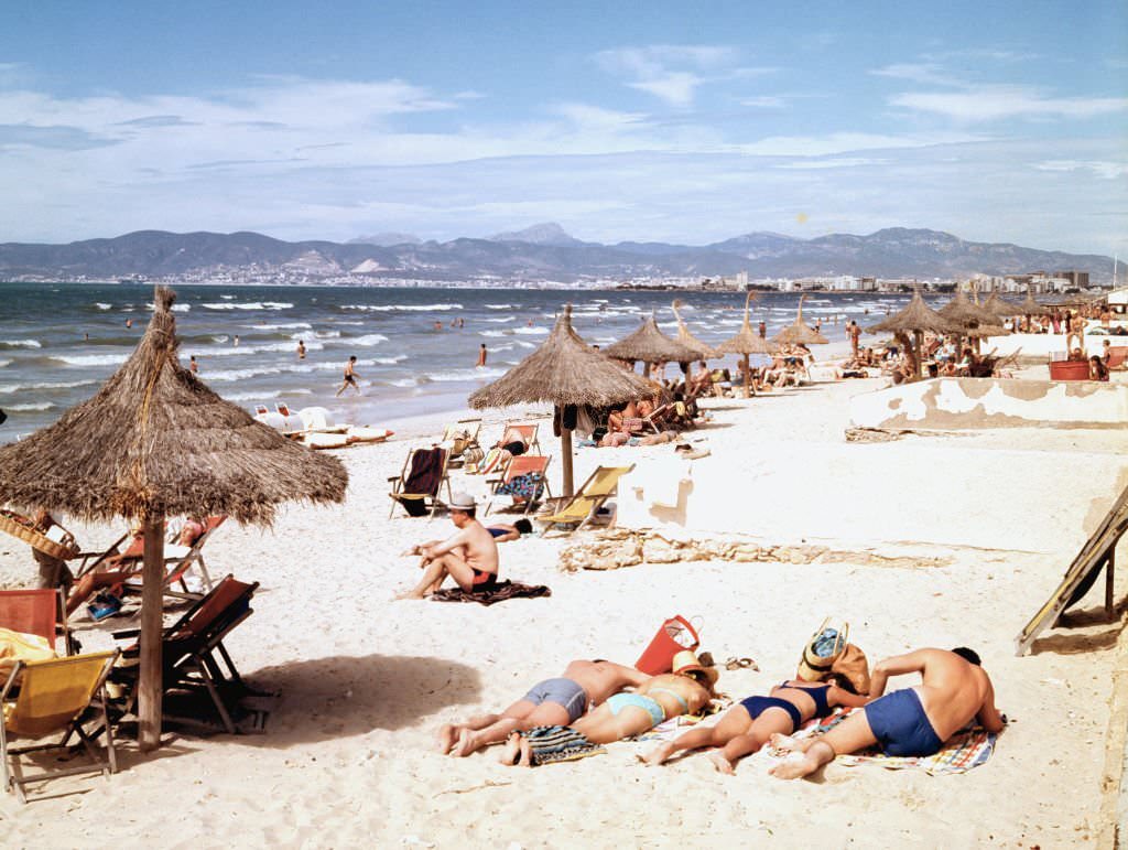 Beach of Palma de Mallorca, 1960, Balearic Islands, Spain.