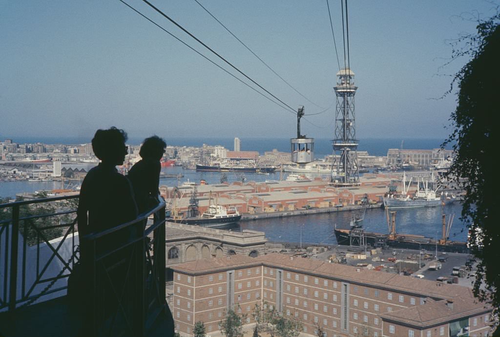 The Port Vell Aerial Tramway connecting the Montjuïc hill with Barceloneta, Barcelona, Spain, 1960.