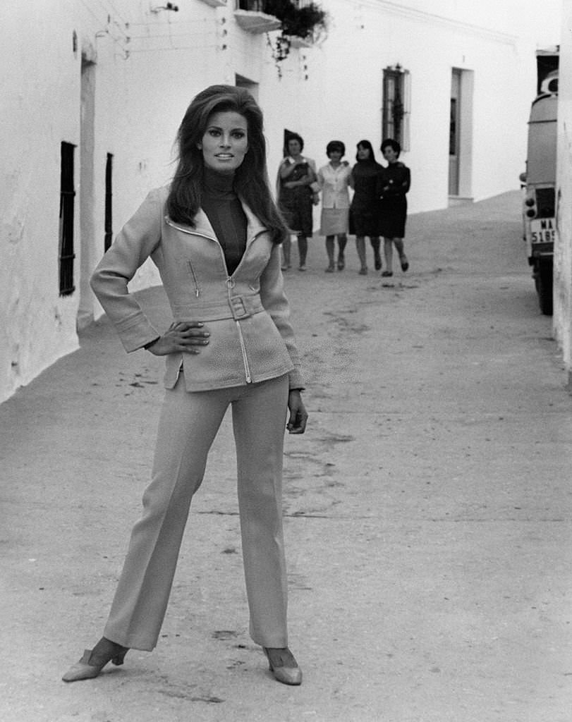 American actress Raquel Welch (Jo Raquel Tejada) posing in a street of the city. She's in Spain to shot the film Phatom. Malaga, 1966