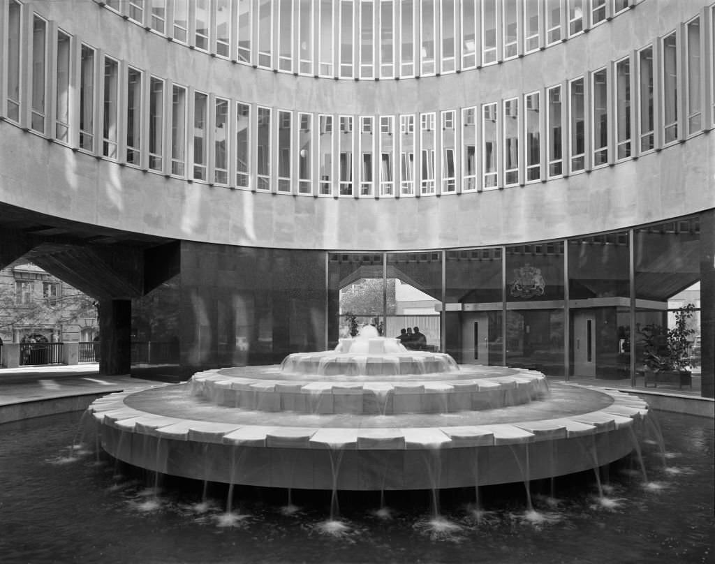 Fountain in the courtyard, British Embassy offices, 16 Calle Fernando El Santo, Madrid, Spain, 1966.
