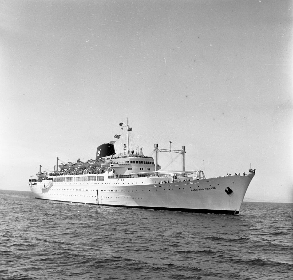 Interior of the transatlantic liner "Cabo San Vicente", ship chartered by Don Juan de Borbon to transport the Spanish guests to the wedding of Don Juan Carlos de Borbon and Doña Sofia of Greece, Athens, 1964