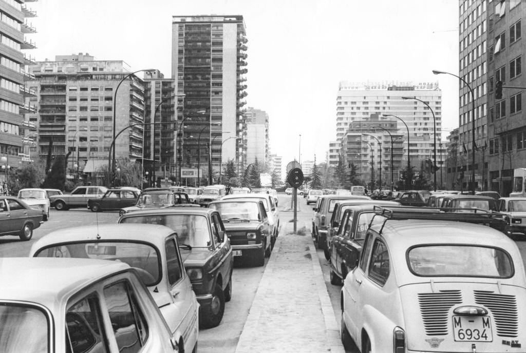New buildings on Avenida del Generalisimo in Madrid. Recording from September 1977.