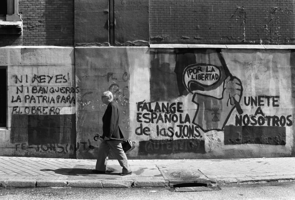 Political graffiti on a wall in Madrid, Spain, August 20, 1977.
