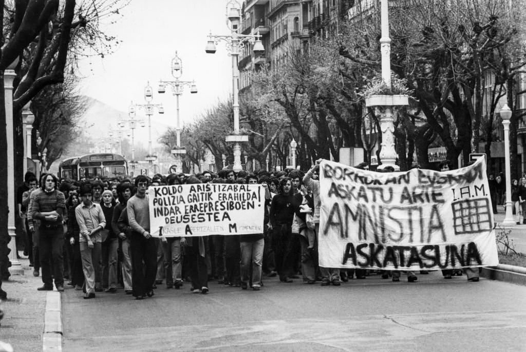 Demonstration of students after the death of a demonstrator, March 16, 1977, in San Sebastian, Spain.