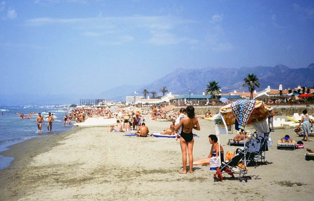 View of the beach of Marbella, 1977, Malaga, Andalusia, Spain.