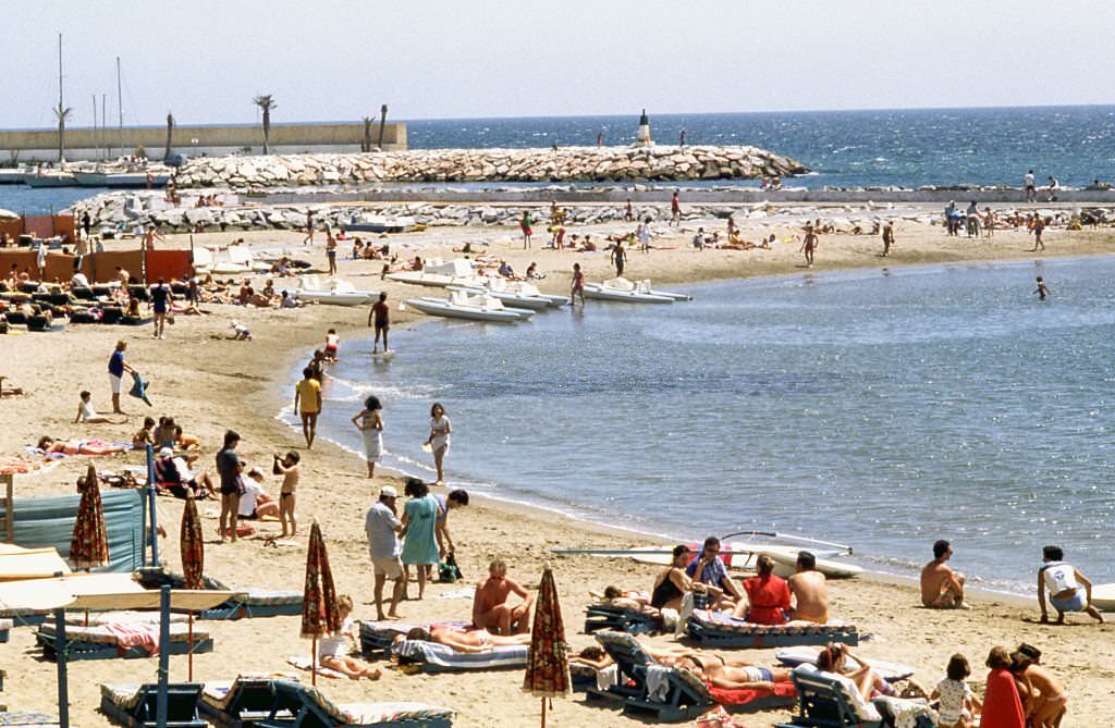 The beach of Marbella, 1977, Malaga, Andalusia, Spain.