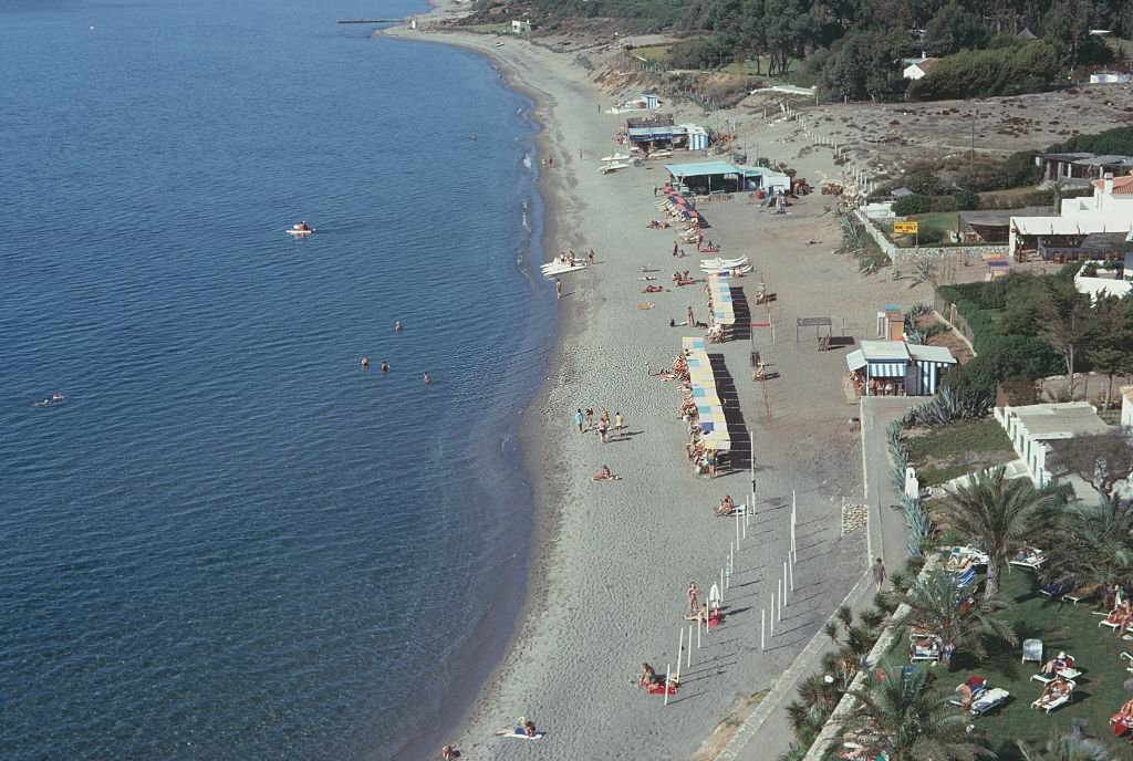 A high angle view of the beach at Atalaya Park, Málaga, Spain, October 1970.