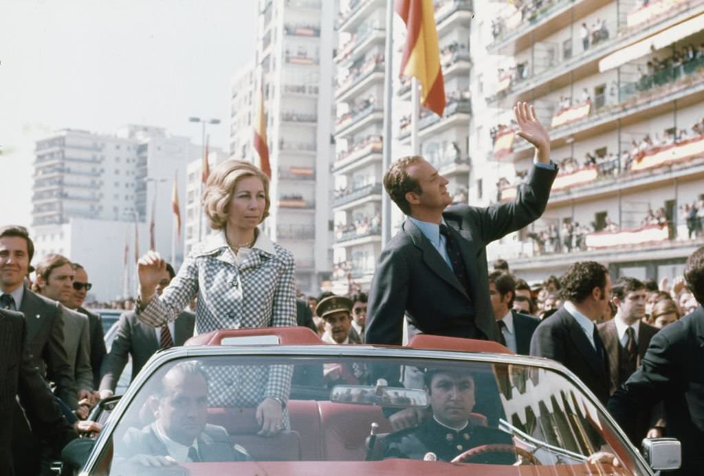 Spanish Kings Juan Carlos and Sofia during a visit to Andalusia, Seville, Spain, 1976.