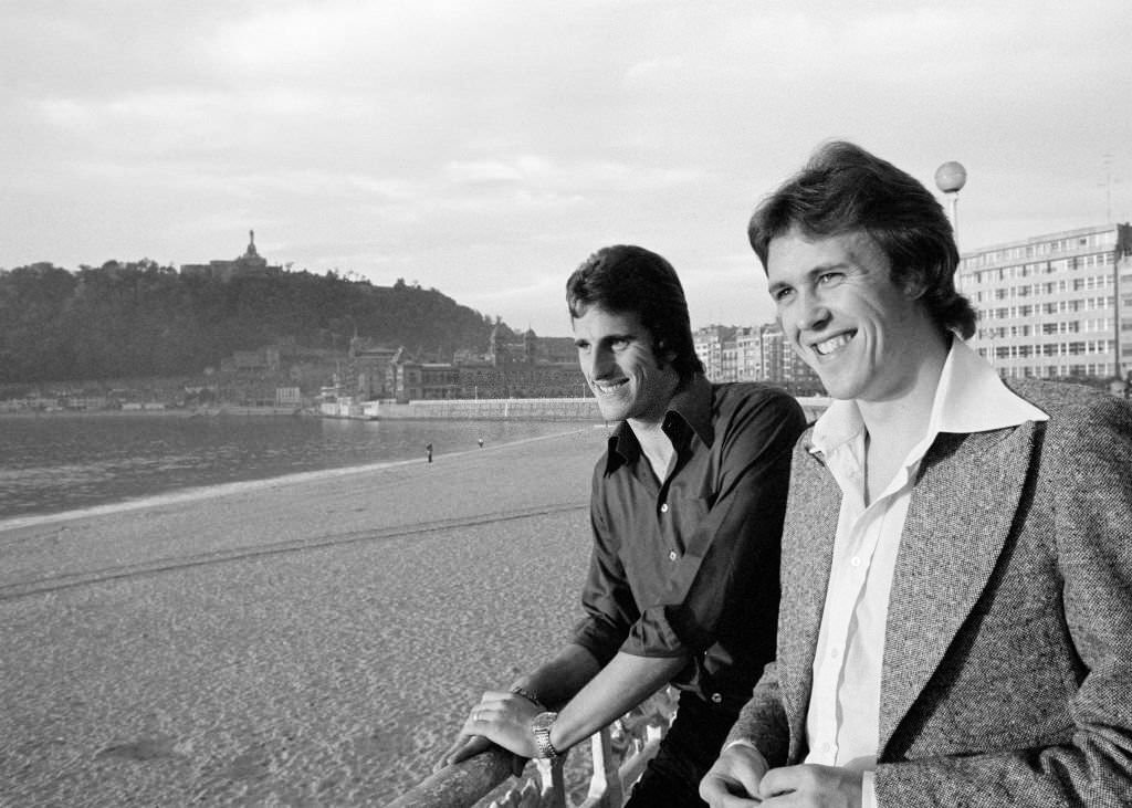 Liverpool team-mates Ray Clemence and Phil Neal find time to take in some sightseeing prior to the UEFA Cup Second round First Leg tie between Real Sociedad and Liverpool at the Estadio de Atotxa on October 22, 1975 in San Sebastian, Spain.