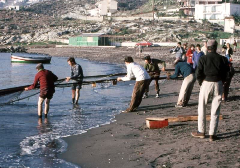 Early morning hauling in the fishnets, Almuñécar, 1977